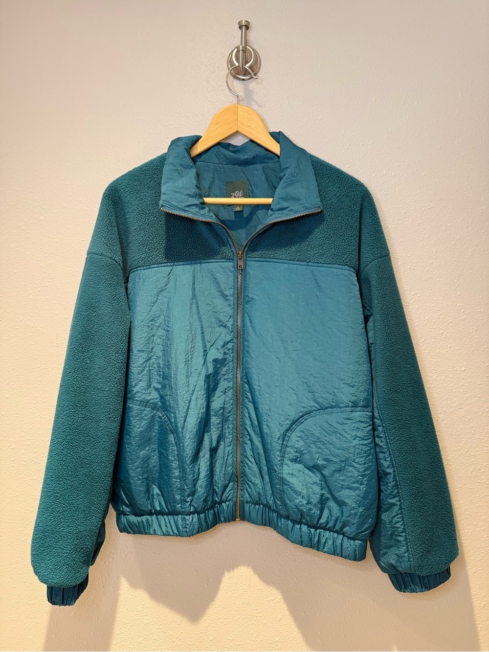 Wild Fable Teal Blue Nylon Colorblock Zip Up Jacket Mock Neck Size Medium